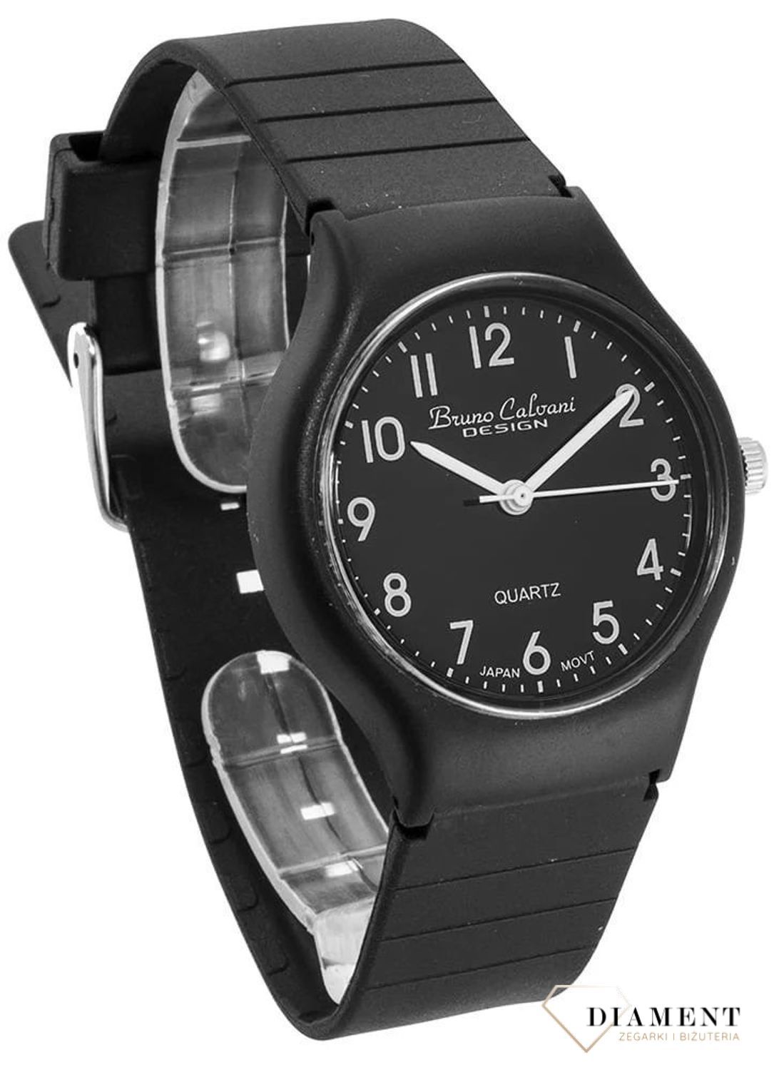 Zegarek Bruno Calvani S76 BLACK czarna tarcza na gumowym pasku. Męski zegarek klasyczny. Zegarek chłopięcy z wyraźną tarczą. Zegarek na gumowym pasku. Tani zegarek..jpg